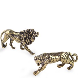 MHYGKTXRA 2pcs Brass Tiger Lion Sculpture - Decorative Vintage-Style Figurine for Living Room, Antique Bronze Finish, Indoor Tabletop Decor, Collectible Gift