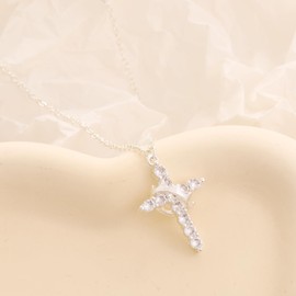 SFMSFM Gold/Silver/Rosegold Plated Cubic Zirconia Cross Necklace for Women,Cross Charm Necklace Waterproof Jewelry for Women (Crown Cross Necklace, Silver)