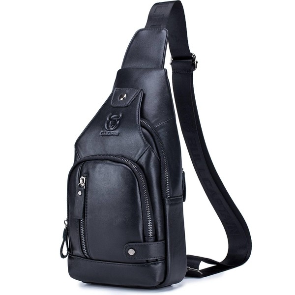 BULLCAPTAIN Leather Sling Bag Mens Chest Bag Casual Shoulder Crossbody Bags Travel Hiking Backpacks Daypack with USB Charging Port (Black)