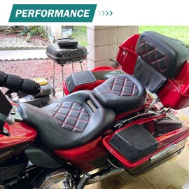 rewmtermoto Motorcycle Seat Passenger Rider Two-up Pillion Fit for Harley Touring Street Glide Road Glide Road King Electra Glide 2009-up (Red Stitching)