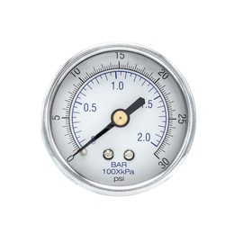 2 Pack of Dry Center Back Mount Pressure Gauge with 2" Dial, 0-30 PSI, 1/8" Male NPT Connection, Chrome Bezel, Brass Internals and Plastic Lens (2)