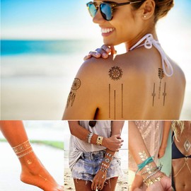 EQLEF Temporary Metallic Tattoo Stickers, 8 Sheets Shiny Body Fake Jewellery Tattoos for Women Teens Girls Gold and Silver Jewellery Tattoos Many Beautiful Designs