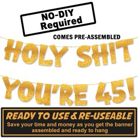TOYVENTURES Pre-Strung 45th Birthday Decorations for Men Women, Happy 45th Banners, Gold Glitter 45 Birthday Banner Party Decor Sign, 45 Years Old Funny Banner Party Supplies Men Women