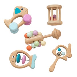 BEACENOV Montessori Wooden Rattle Toy Set for Infant Boys Girls 0-12 Months, Toddler Development Toys, Sensory Set of 5, Baby Shower Gifts
