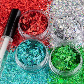 4 Colors of Holographic Chunky Glitter with Quick Dry Glue Pack 9, 4 Pots Total 40g Multi-Shaped for Body Hair Face Eyes Make-up, Nail Art and Bedazzling in Party/Concert/Events Glitter