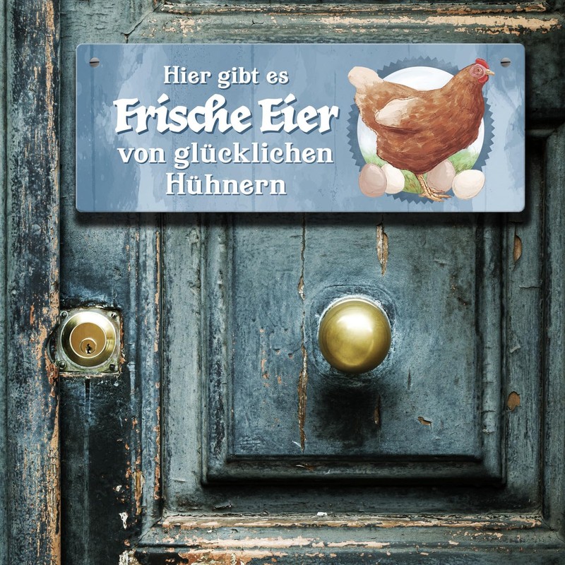Fresh Eggs of Happy Chickens Metal Sign L in 10.5