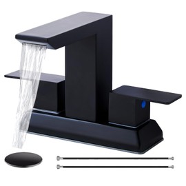 SHACO Black 4 Inch Centerset Bathroom Faucets 3 Hole or 2 Hole, Matte Black 2 Handle Waterfall Vanity Faucet, Lavatory Mixer Tap RV Bathroom Sink Faucet with Overflow Pop Up Drain and Hose