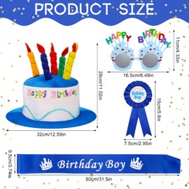 FRIUSATE 4 pieces Happy Birthday Hat, Plush Happy Birthday Cake Hat with Birthday Glasses, Birthday Badge and Birthday Sash Birthday Party Hats for Kids Adults(Blue)