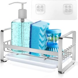 Wuudi Kitchen Organiser Sink with Removable Drain Tray, Stainless Steel Sponge Holder, Tidy Rack Sink Caddy