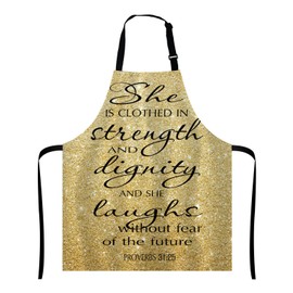 Wasach Proverbs 31:25 Apron,Bible Verse Gold Sparkles Glitter Pattern Print Apron,Adjustable Neck Bib Apron for Men Women,Suitable for Kitchen Cooking Waitress Chef Apron