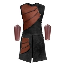 Men's Side Laces up Knight Viking Pirate Armor Long Waistcoats Vests Long Bracer Costume Set Brown