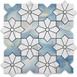 Peel and Stick Backsplash Tiles for Kitchen,PVC Self-Adhesive Marble Tiles for Bathroom Vanities Table Desktop Fireplace,White Flower and Blue Border Pattern,10PCS