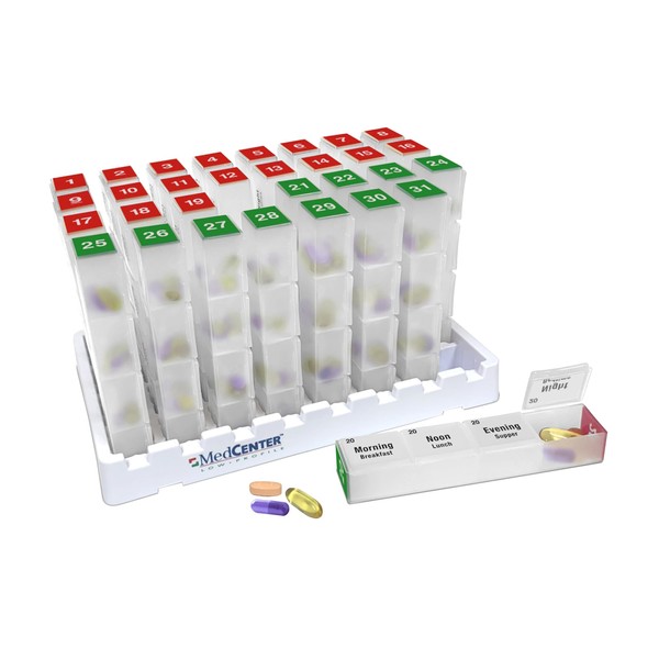 Medcenter Monthly Pill Organizer 4 Times a Day, 31 Day Pill Organizer Monthly Medication Organizer for Drawer or Lock Box with 31 Pill Boxes and 4 Daily compartments (Extra Large)