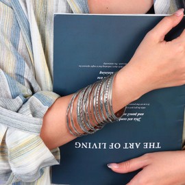 MILAKOO Layered Stackable Bangle Set for Women Trendy Minimlist Textured Boho Braelets Trendy Elegance, Zinc, No gemstone