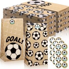 Watersay 48 Pcs 8 lb Soccer Kraft Brown Paper Lunch Bags with Soccer Stickers Sports Theme Party Gift Bags Kraft Paper Lunch Bags for Sandwich Snack Grocery Food for Birthday Party Favor Decor