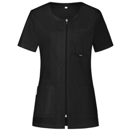 B-well Stella Tunics Women's Care Clothing Women's Slip-On Jacket with Zip Kasaks Elderly Care Women Short Sleeve 4 Pockets, black, L