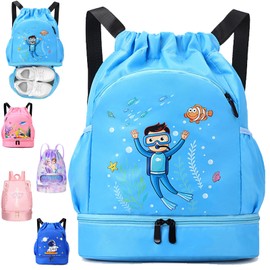YOUYIKE Children's Swimming Bag, Diving Boy Sports Bag with Drawstring, Waterproof Backpack with Bottom Compartment, 30 x 16 x 42 cm, Gym Bag, Children's Sports Bag, Sky Blue