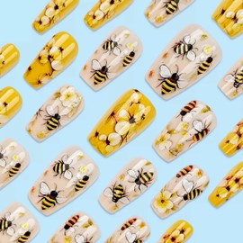 BABALAL Press on Nails Long Coffin Fake Nails Yellow Full Cover Acrylic Nails with Bumblebee Flower Designs Stick on Nails Reusable Summer False Nails Supplies Flower Glue on Ballerina Nails for Women