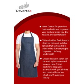 DOVORTEX Denim Apron 100% Cotton with 3 Pockets |Chef Apron For Men Women, Apron For BBQ And Kitchen Apron|36’’x28’’ (Length x Width)|Flexible Neck Strap| Easy To Clean Dirty Stains