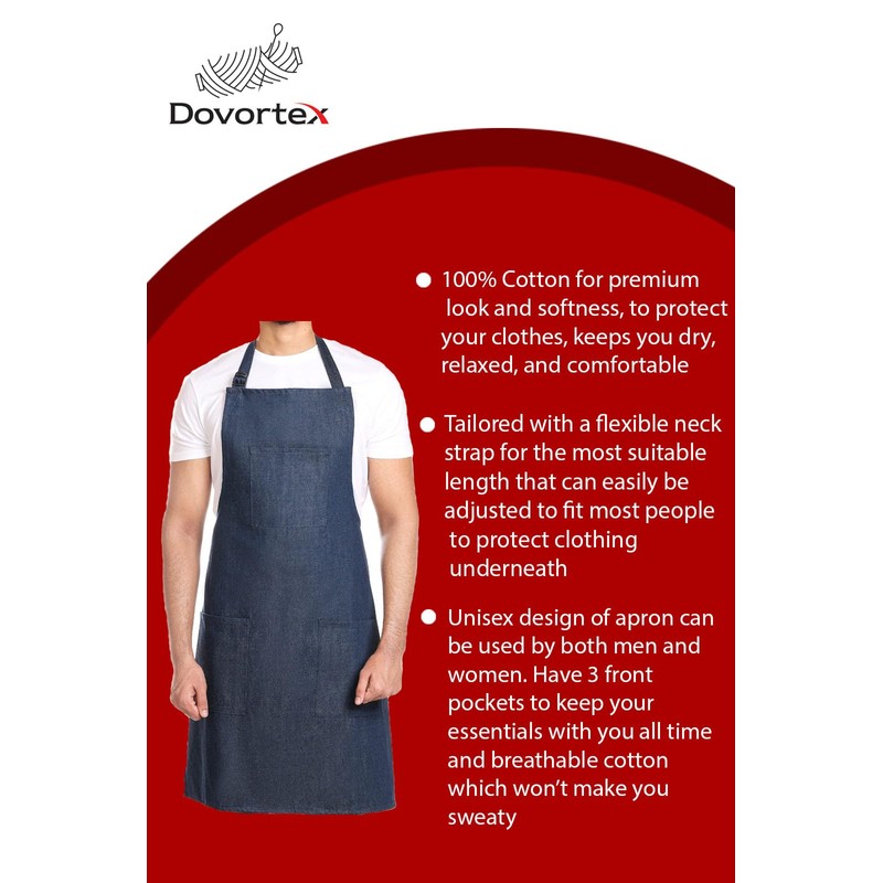 DOVORTEX Denim Apron 100% Cotton with 3 Pockets |Chef Apron