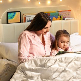 IDEALHOUSE Full Bed Frames, Upholstered Platform Bed Frame with Bookcase Headboard, Velvet Platform Bed Mattress Foundation, Heavy Duty Steel Support Legs, Easy Assembly, Noise Free, Cream White