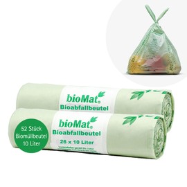 bioMat 10 Litre Compostable and Climate Neutral Organic Waste Bags with Handle (52 Organic Waste Bags)