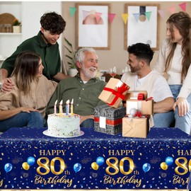 GREHUMOR 80th Birthday Decorations Men-3pcs Navy Blue Birthday Table Covers Rectangle Waterproof Plastic Gold Blue Birthday Tablecloth