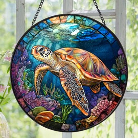 Zizzie Sea Turtle and Ocean Reef Round Suncatcher -7.9 in Stained Glass Window Hanging Sun Catcher Garden Decor