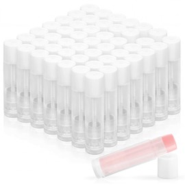 RAINFLOW - 50 tubos de bálsamo labial – 5 g, recipientes de bálsamo de brillo labial retorcido, sin BPA y sin fugas, tubos de lápiz labial vacíos transparentes con tapas blancas para pintalabios