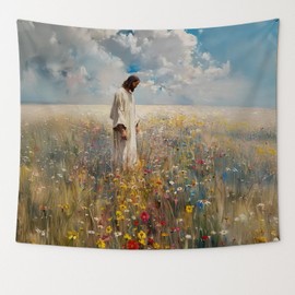 bitCNY Jesus Walking in Wildflower Field Tapestry – Christian Wall Art, Spiritual Home Decor, 50x60 Inch Fabric Hanging for Living Room Bedroom