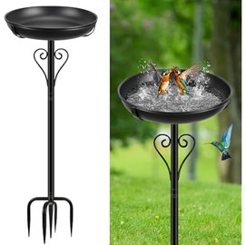 Metal Bird Bath for Outside, Vintage Freestanding Birdbaths with Metal Stake, Upgraded 5 Pronged Base Birdfeeder Feeder Bowl for Outdoors Garden Patio Yard Lawn Decor (Black)