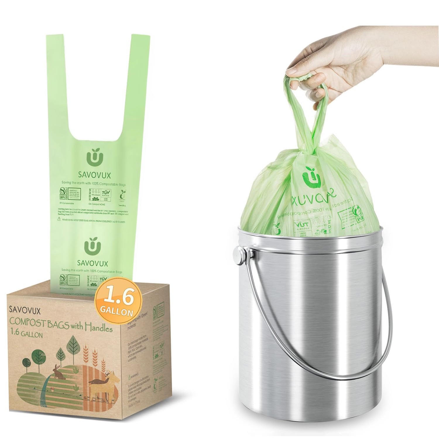 1.2-1.6 Gallon Compostable Bags with Handles,100 Count,Small Compost ...