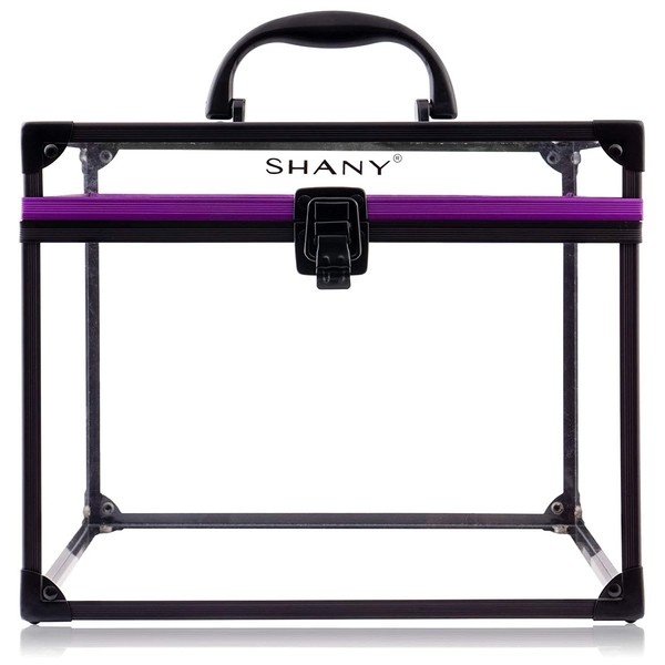 SHANY Clear Cosmetics and Toiletry Train Case - Extra Large Travel Makeup Organizer with Secure Closure and Black/Purple Accents