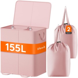 Lifewit Double Laundry Hamper with Lid and Removable Laundry Bags, Large Collapsible 2 Dividers Dirty Clothes Basket with Handles for Bedroom, Laundry Room, Closet, Bathroom, College, 155L Pink