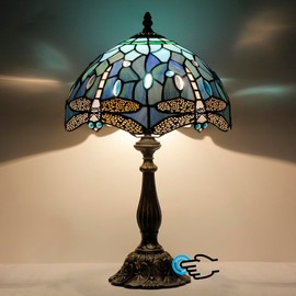 Tiffany Lamp Touch Control Table Lamp Blue Stained Glass Desk Lamp 12X12X19 Inches Dragonfly Style Reading Light