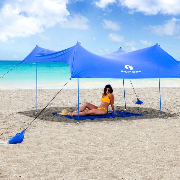 Red Suricata Family Beach Tent & Beach Canopy, UPF50 Sun Beach Shade, Sunshade with 4 Aluminum Poles, 4 Pole Anchors & Sand Shovel, Large & Portable Sun Shelter Tarp (Medium, Blue)