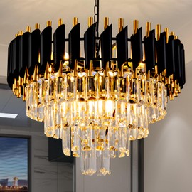 Aixialin Modern Chandelier Gold and Black Crystal Chandeliers 4-Tier 20 Inch Round Hanging Crystal Pendant 7 Lights Fixture for Dining Room Bedroom Living Room Farmhouse, Clear