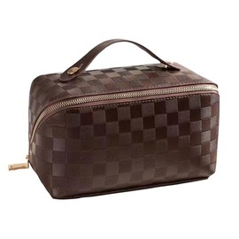 Jarsense Large Capacity Travel Cosmetic Bag, PU Leather Waterproof Layered Storage Makeup Bag with Handle, Portable Travel Organizer for Women (Brown Checkerboard)