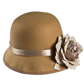 Ladies Beige Cloche Hat - Beige Cloche Hat With Ribbon and Rose - Perfect for 1920s Fancy Dress Events or Any Other Fancy Dress Events