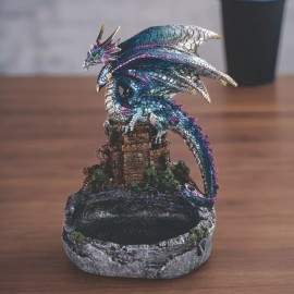 7.75"H Blue Dragon on Castle Dish Figurine