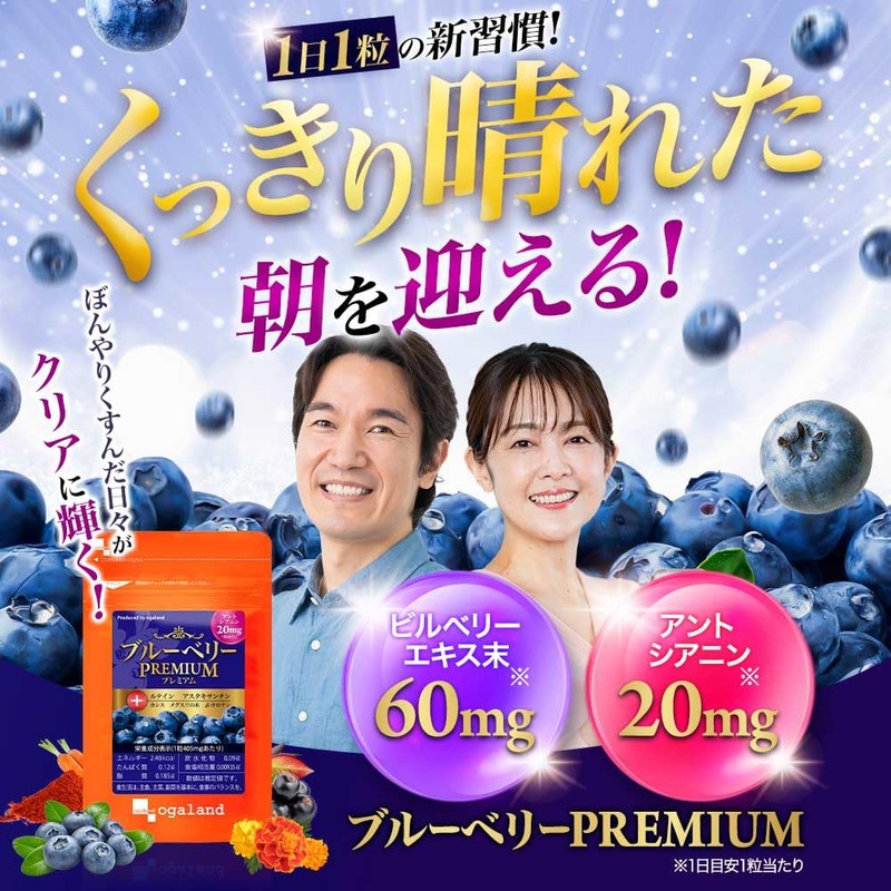 オーガランド (ogaland) ブルーベリープレミアム (90粒 / 約3ヶ月分) サプリ (ルテイン/ブルーベリー/アスタキサンチン/カシス) メグスリノキ サプリメント