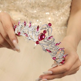 Rannyrena Silver Crystal Tiaras and Crowns for Women Sparkling Rhinestone Queen Crowns Princess Birthday Wedding Bridal Hair Accessories (Silver-dark pink, Standard)