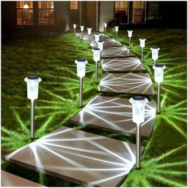 DenicMic Solar Lights Outdoor 15 Pack Waterproof 6000K Cold White LED Stainless Steel Stake for Pathway Yard Garden Driveway Solar Powered Outside Decor