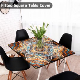 Square Tablecloth with Elastic Waterproof Outdoor Card Table Cover Fitted Table Cloth Fit 34x34 Inch Kitchen Patio Dinning (Brown, 34" x 34" (Square))