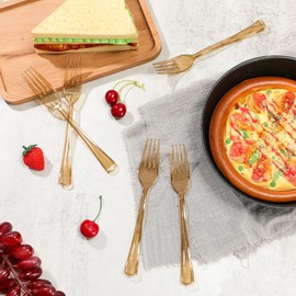 Minatee 50 Pcs Plastic Forks Disposable Cutlery Heavy Duty Dinnerware Plastic Silverware Flatware for Parties Supplies Dessert Picnics Holiday House(Brown)