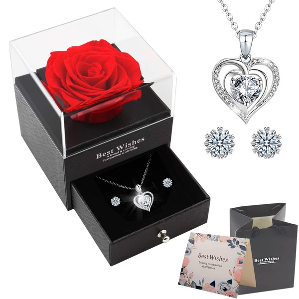 OIOYLEY Eternal Rose Gift Box with Earrings Necklace in 925 Silver, Women's Gift Ideas, Romantic Gifts for Her, Real Rose for Valentine's Day, Anniversary, Birthday, Mother's Day, Christmas
