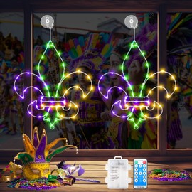 Rossesay 2 Pcs Mardi Gras Window Lights Mardi Gras Window Decorations Fleur De Lis Hanging Light up with Suction Cup Remote Control Battery Operated Indoor Outdoor Light for Home Decor