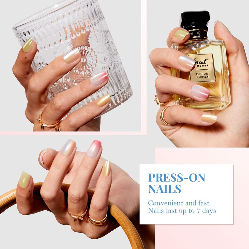 GLAMMAGIC Cat Eye Press On Nails Short Square, Natural Fake