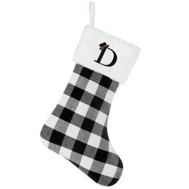 Senneny Christmas Stockings with Initials, 20 Inch Large Black White Buffalo Plaid Monogram Xmas Stockings with White Plush Faux Fur Cuff, Christmas Decorations for Family Holiday Party, Letter D