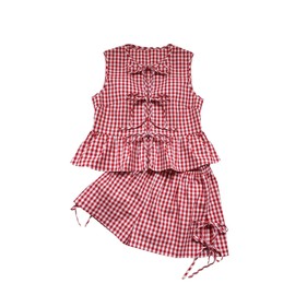Milumia Women's 2 Piece Outfit Gingham Plaid Bowtie Ruffle Hem Tank Top and Shorts Set, Red, X-Small